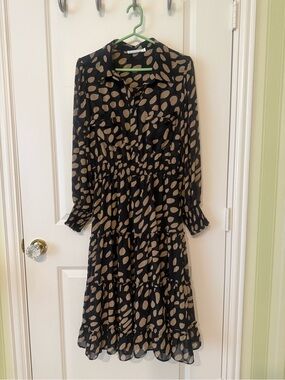 Black and Tan Spot Print Tiered Long-Sleeve Dress